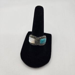 Vintage Cheryl Wadsworth Ring 7 Sterling Silver 925 Turquoise MOP Marcasite